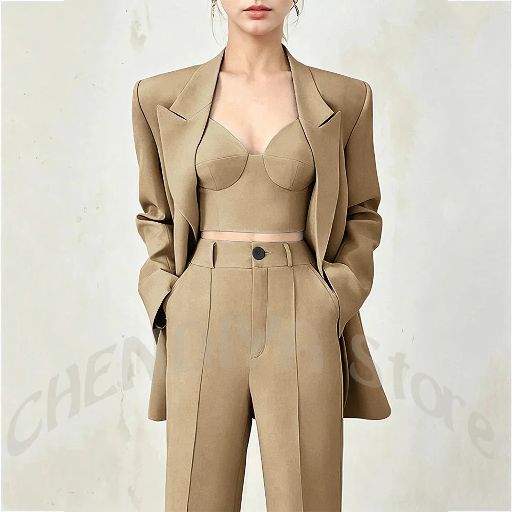 Women's Single Button Tailored Blazer and Pants Suit Set