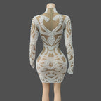Women's Sexy Pearls Mesh Long Sleeve Bodycon Mini Dress