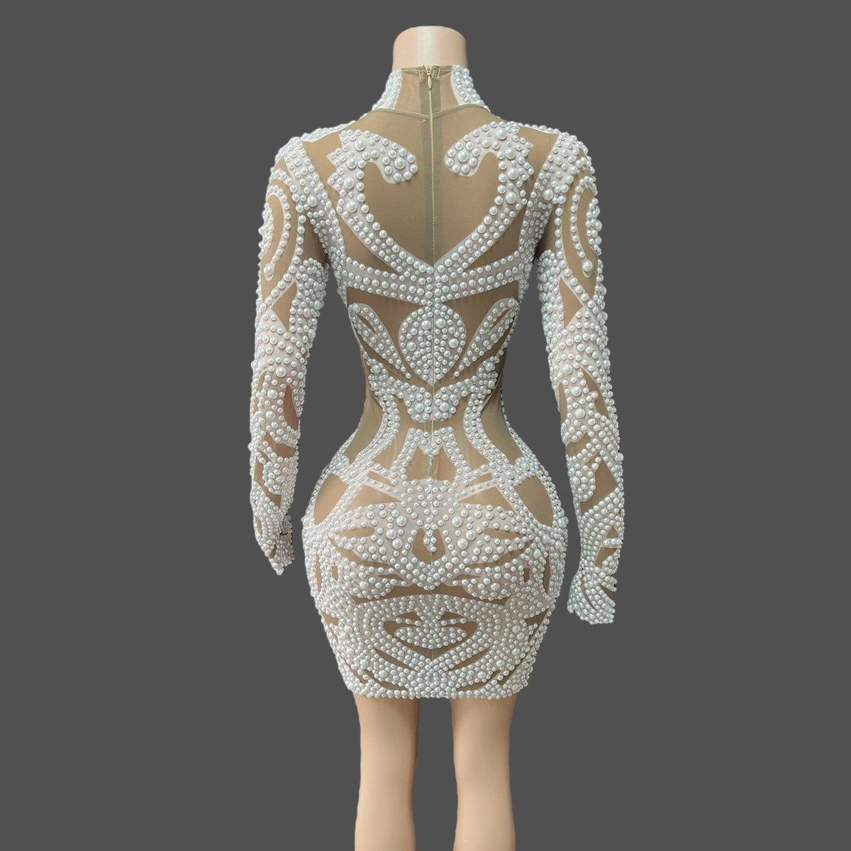 Women's Sexy Pearls Mesh Long Sleeve Bodycon Mini Dress