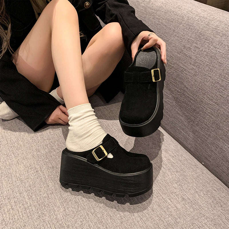 2025 New 9cm Women's Platform Heel Mules Casual Buckle Shoes Closed Toe Backless Slip On Walking Increase Height Wedge Slippers