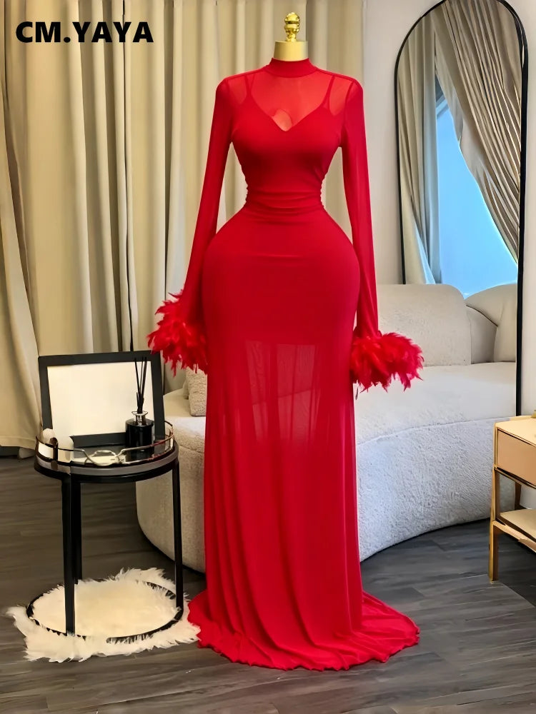 Women's Feather Ruched Long Sleeve Mermaid Maxi Dress