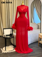 Women's Feather Ruched Long Sleeve Mermaid Maxi Dress
