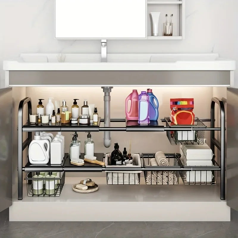 Expandable Under Sink Cabinet Shelf and Multipurpose Storage Organizer Rack