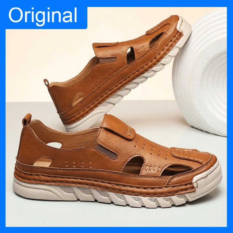 Men's Hand-Sewn Leather Sandals for Daily Outdoor Comfort Rubber Sole