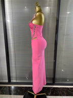 Women's Sexy Spaghetti Strap Rhinestone Pink Bandage Maxi Dress