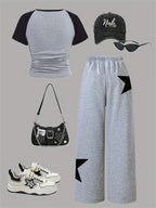 Girls' Star Print Fitted Top Wide Leg Pants Two-Piece Set