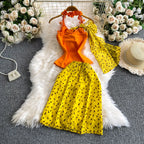 Women's Polka Dot Bow Halter Top Midi Skirt Set
