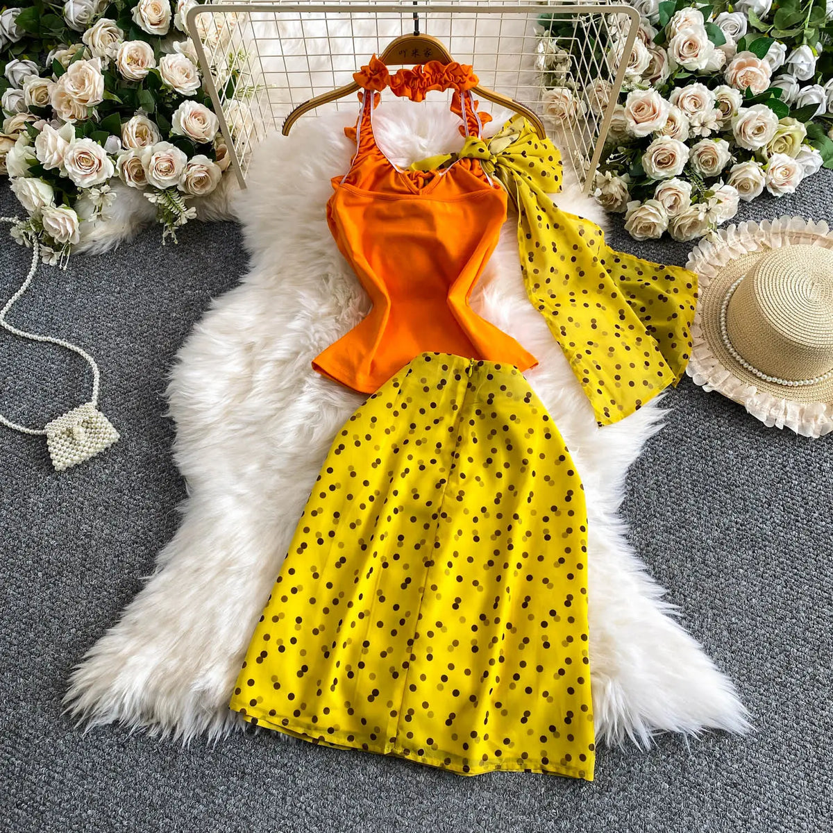 Women's Polka Dot Bow Halter Top Midi Skirt Set