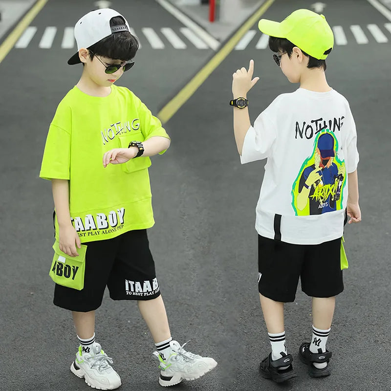 Boys Summer Letter Print Short Sleeve T-Shirt and Shorts Set