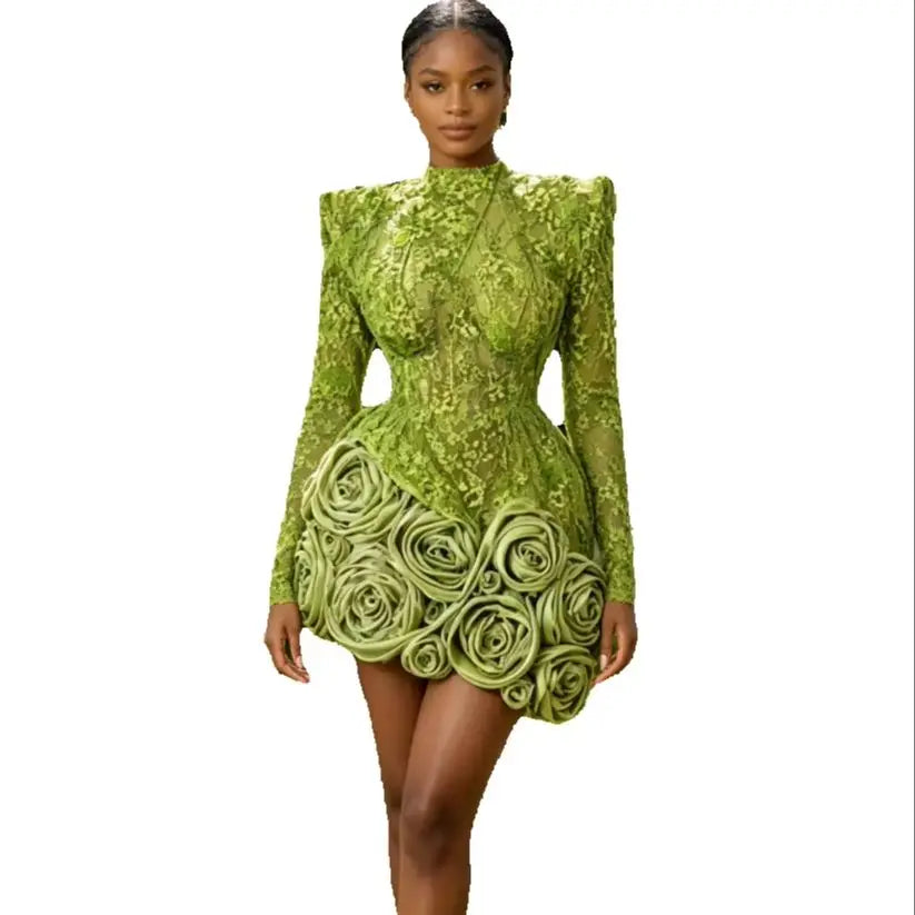 Women's 3D Floral Long Sleeve Mini Cocktail Dress