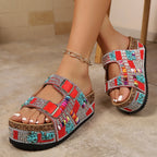 Women's Rhinestone Beaded Platform Wedge Sandals Buckle Strap Slides