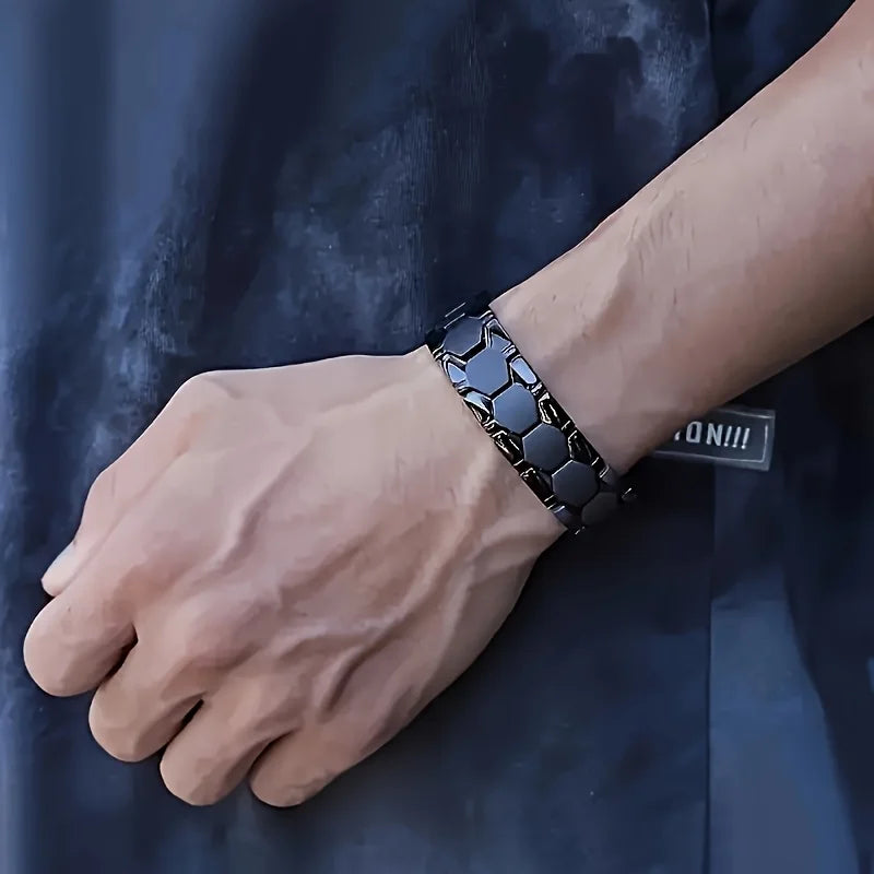 Men's Magnetic Titanium Alloy Hexagonal Wide Bead Bracelet