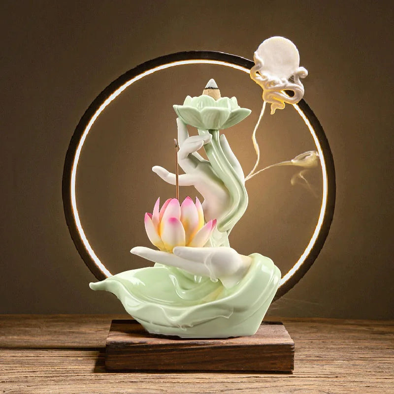 Buddha's Hand Lotus LED Backflow Incense Burner and Tabletop Ornament