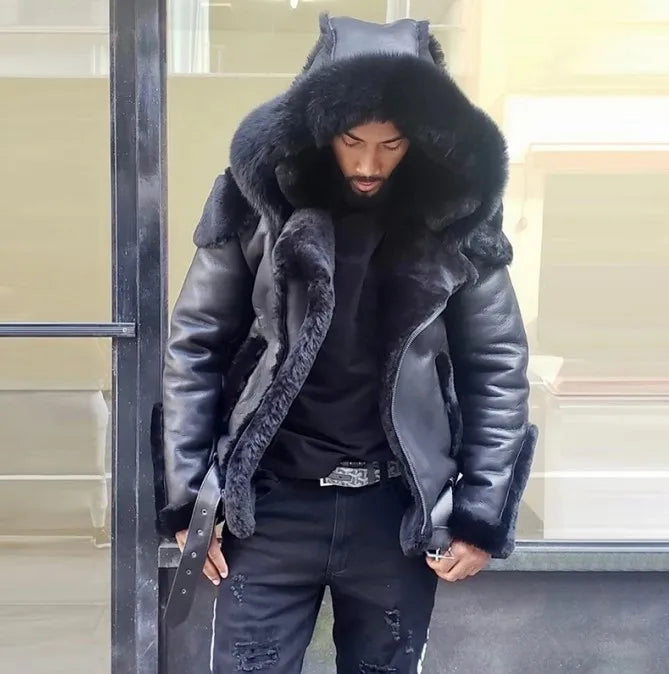 Men's Winter Warm PU Faux Fur Hooded Jacket Coat