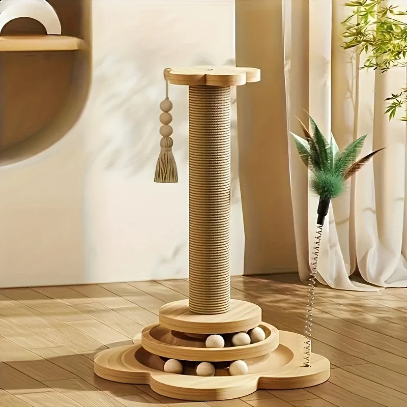 Wooden Rotating Cat Scratch Board with Non-Shedding Fiber Chew Toy and Stand