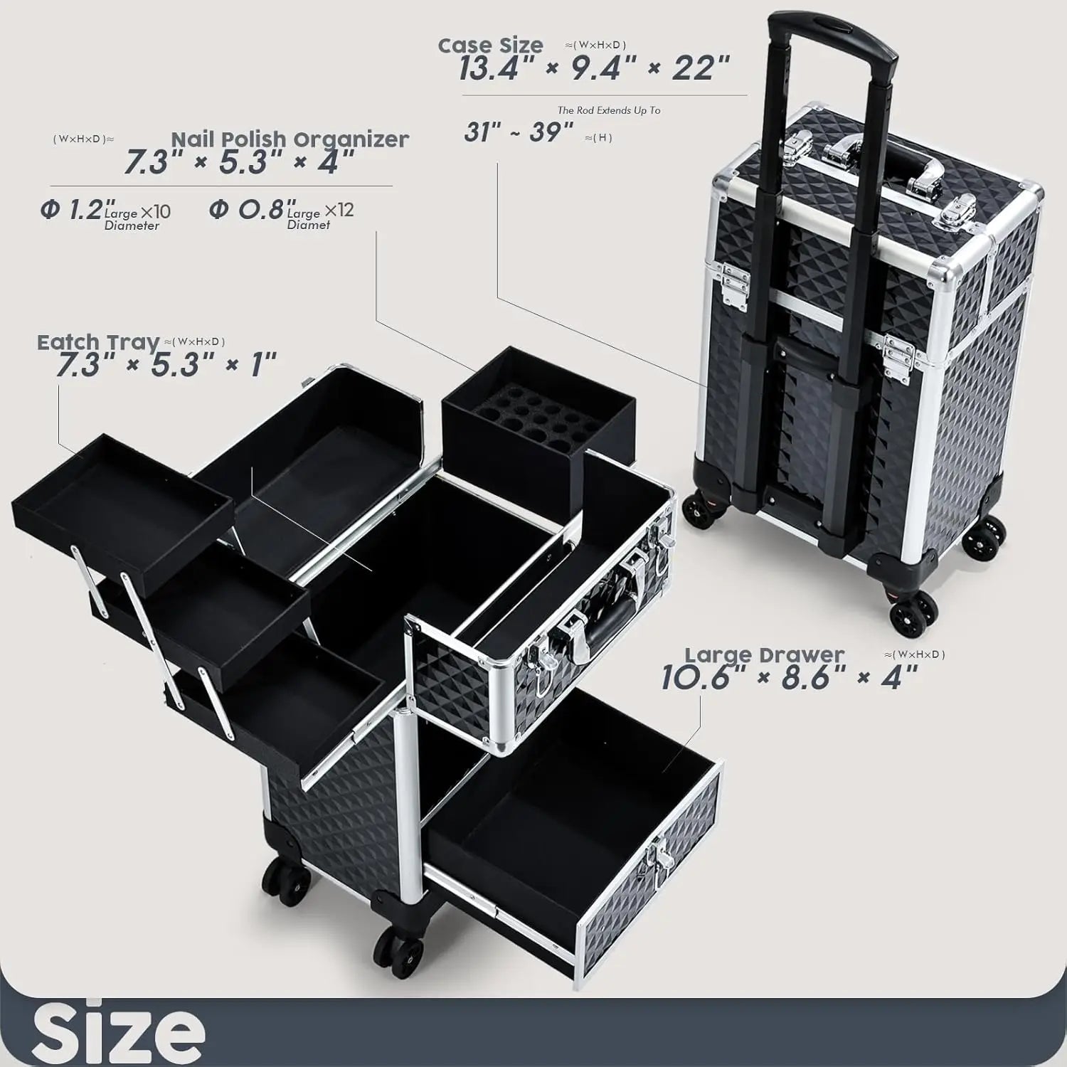 Rolling Makeup Case Cosmetic Travel Trolley with 4 Sliding Trays