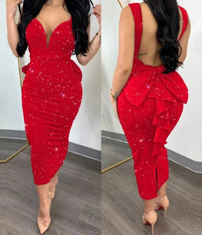 Women's Deep V Open Back Split Bodycon Dress
