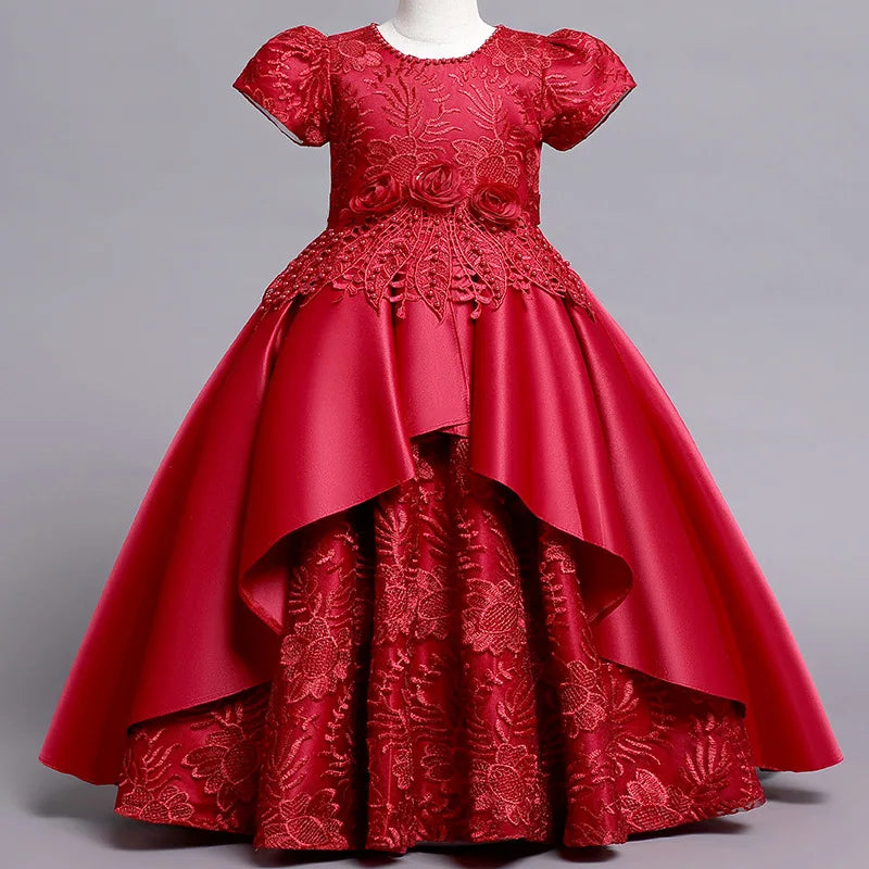 Girls' Floral Embroidery Satin Princess Ball Gown Dress