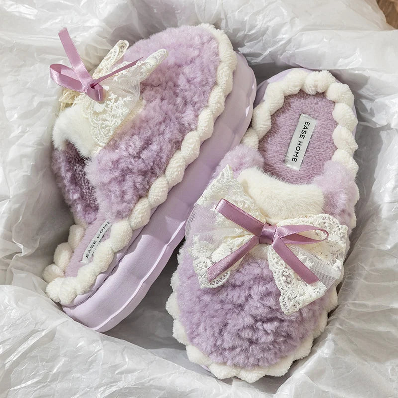 Women's Faux Fur Bowknot House Slippers Plush Warm Indoor Shoes