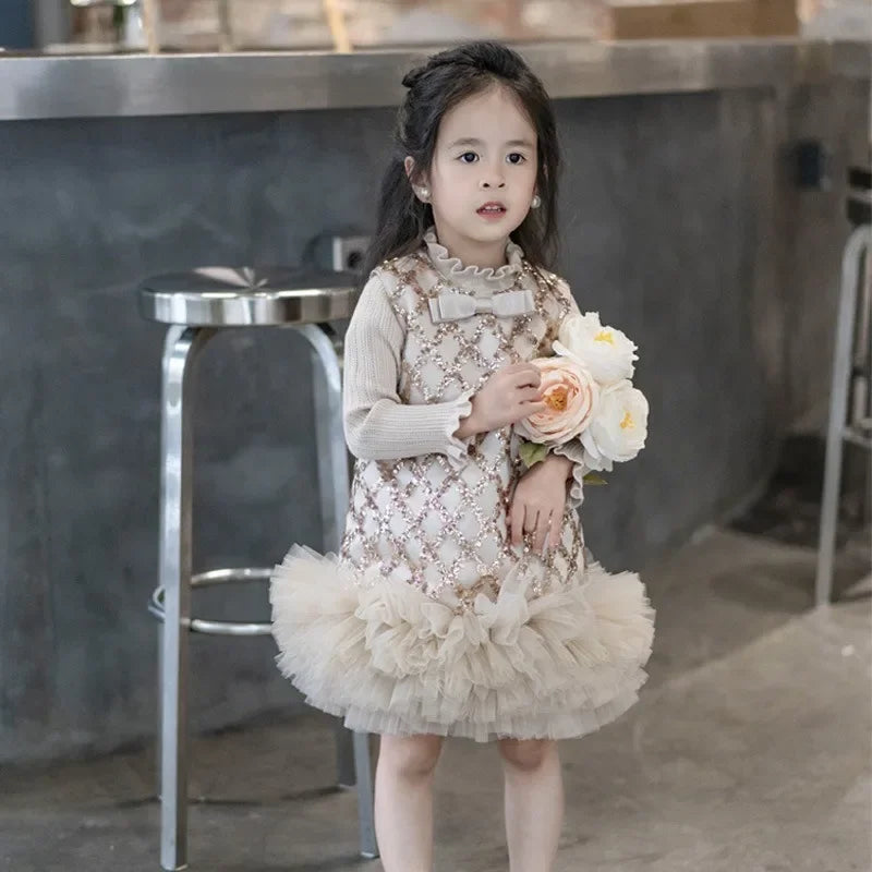 Girls' Sequined Mesh Tutu Dress Knit Sweater Two Piece Set H2327