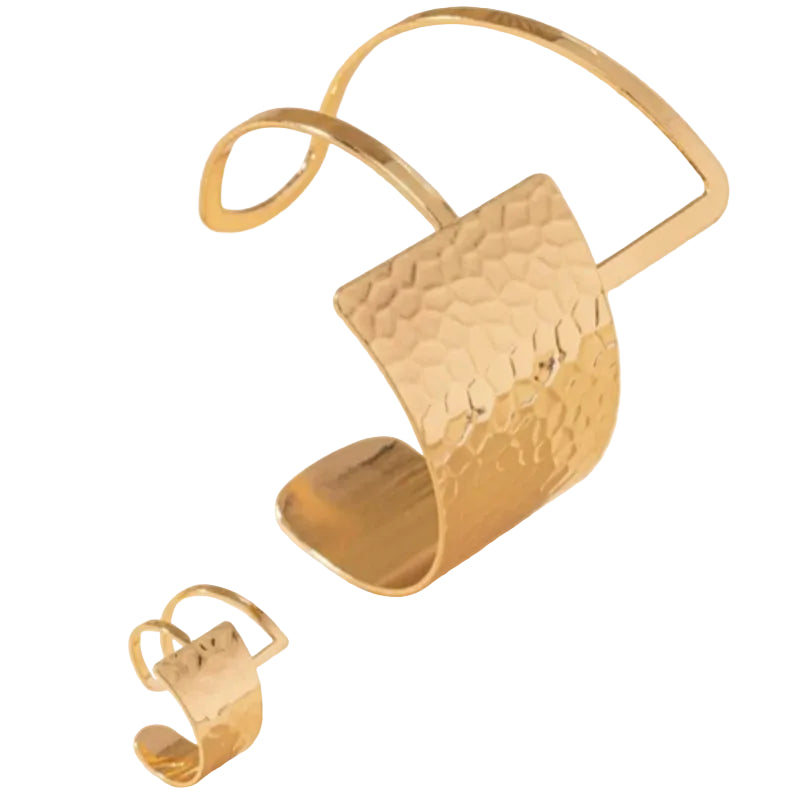 Women's Fashion Pleated Wide Hollow Cuff Bracelet and Ring Set