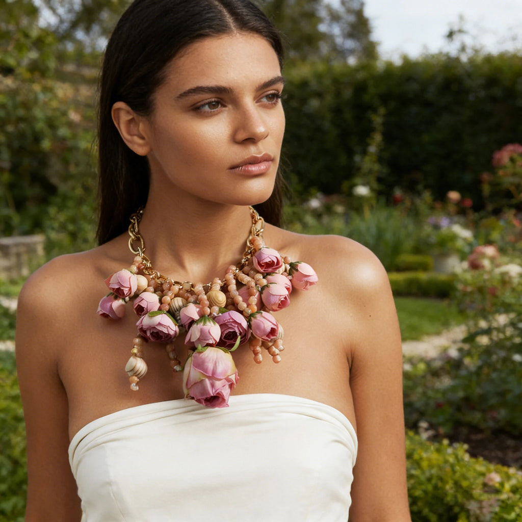 Women's Fashion Statement Three-Dimensional Rose Cluster Beads Necklace