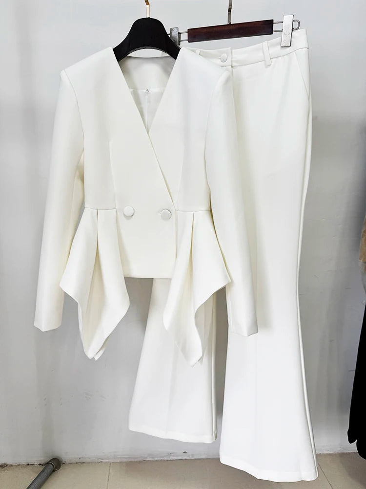 Women's V-Neck Ruffles Jacket Flare Pants Suit Set