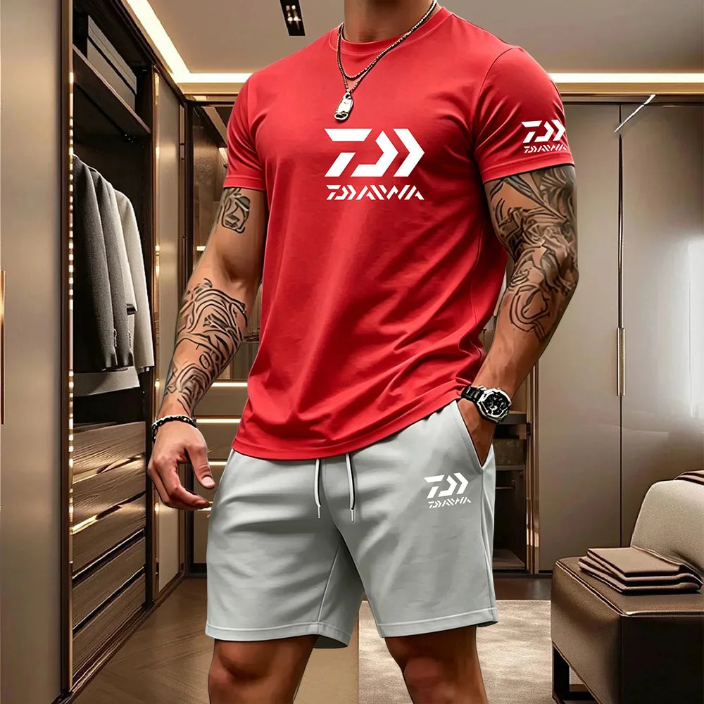 Men's Casual Round Neck T-Shirt and Drawstring Shorts Set
