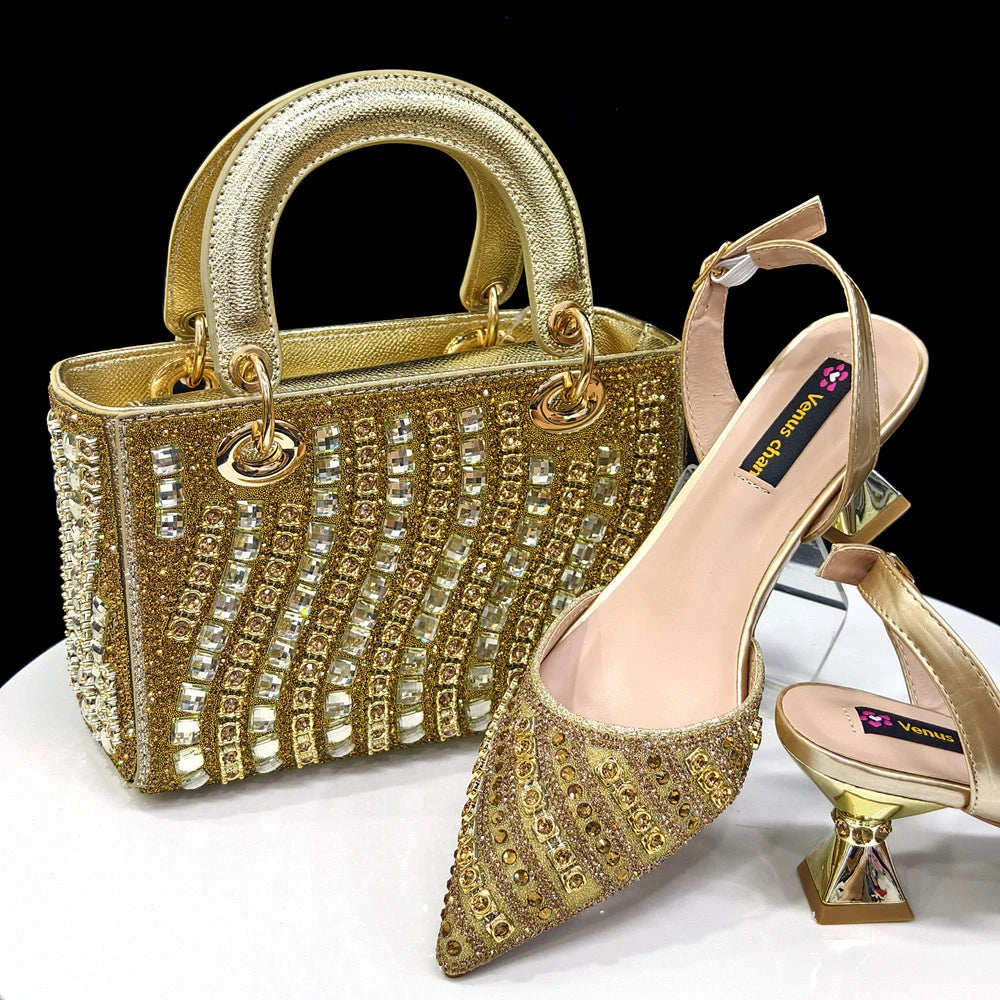 Women's Pointed Toe Rhinestone Heels and Handbag Set