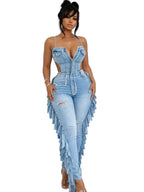 Women's Sleeveless Denim Jumpsuit Backless Tassel Strap Playsuit Blue