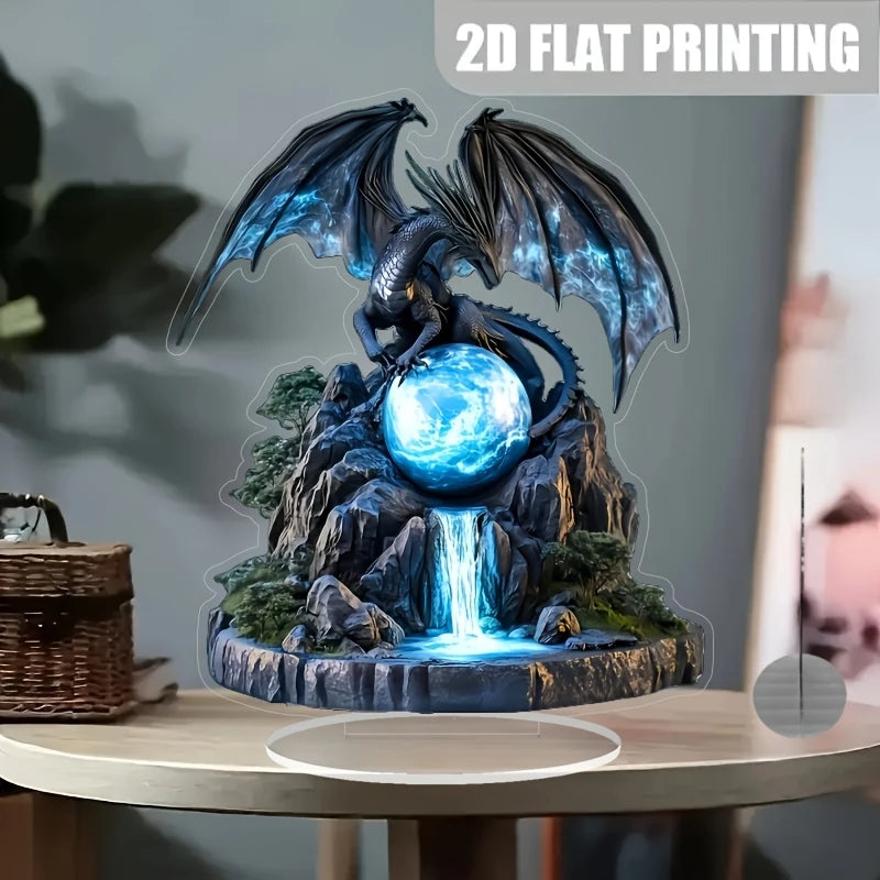 Retro Bohemian Dragon Crystal Ball Flat Acrylic Plaque and Tabletop Ornament