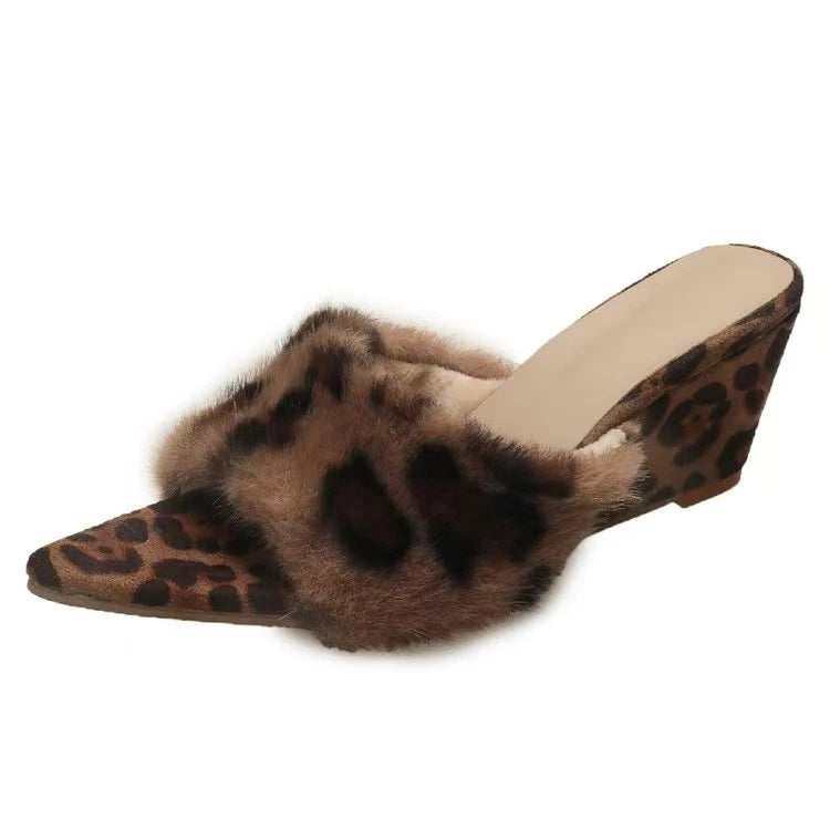 Women's Fluffy Open Toe Wedge Slippers a19