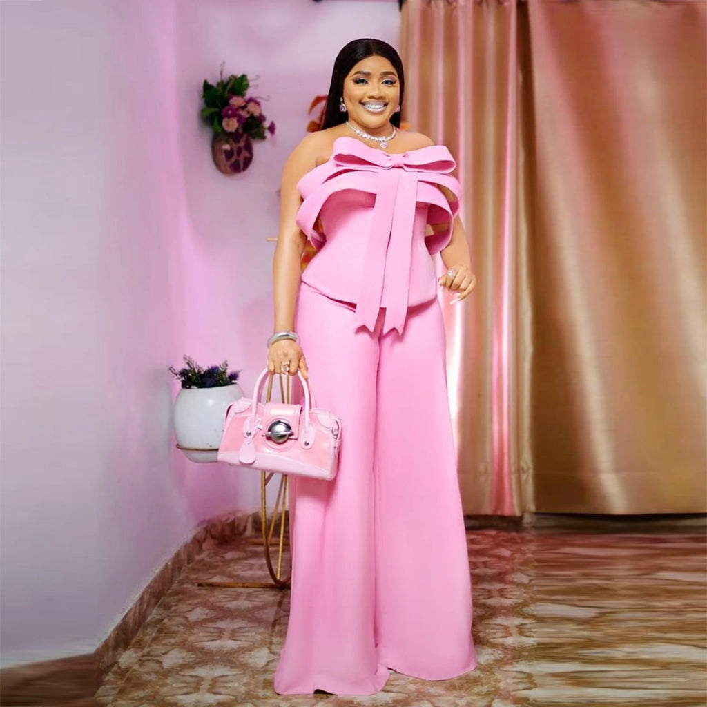 Women's Strapless Bow Top and Pants Two-Piece Formal Set