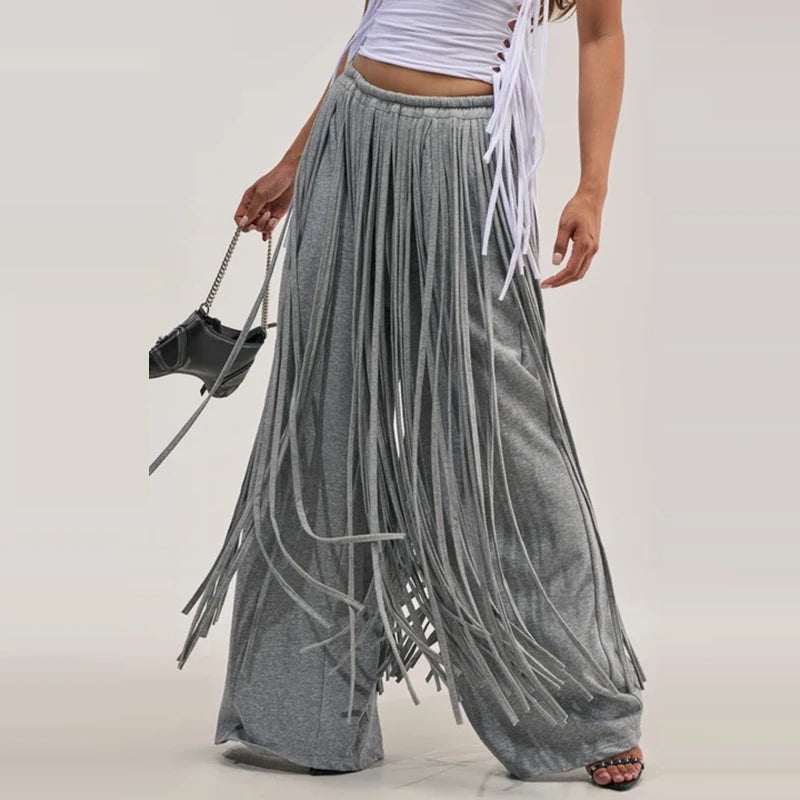 Women's Fringe Lapel Collar Zip Up Wide Leg Tracksuit Set