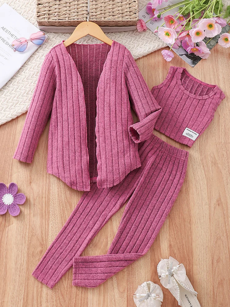 Girls' Knitted Long Sleeve Coat Long Pants Three-Piece Set T4855OBMDD