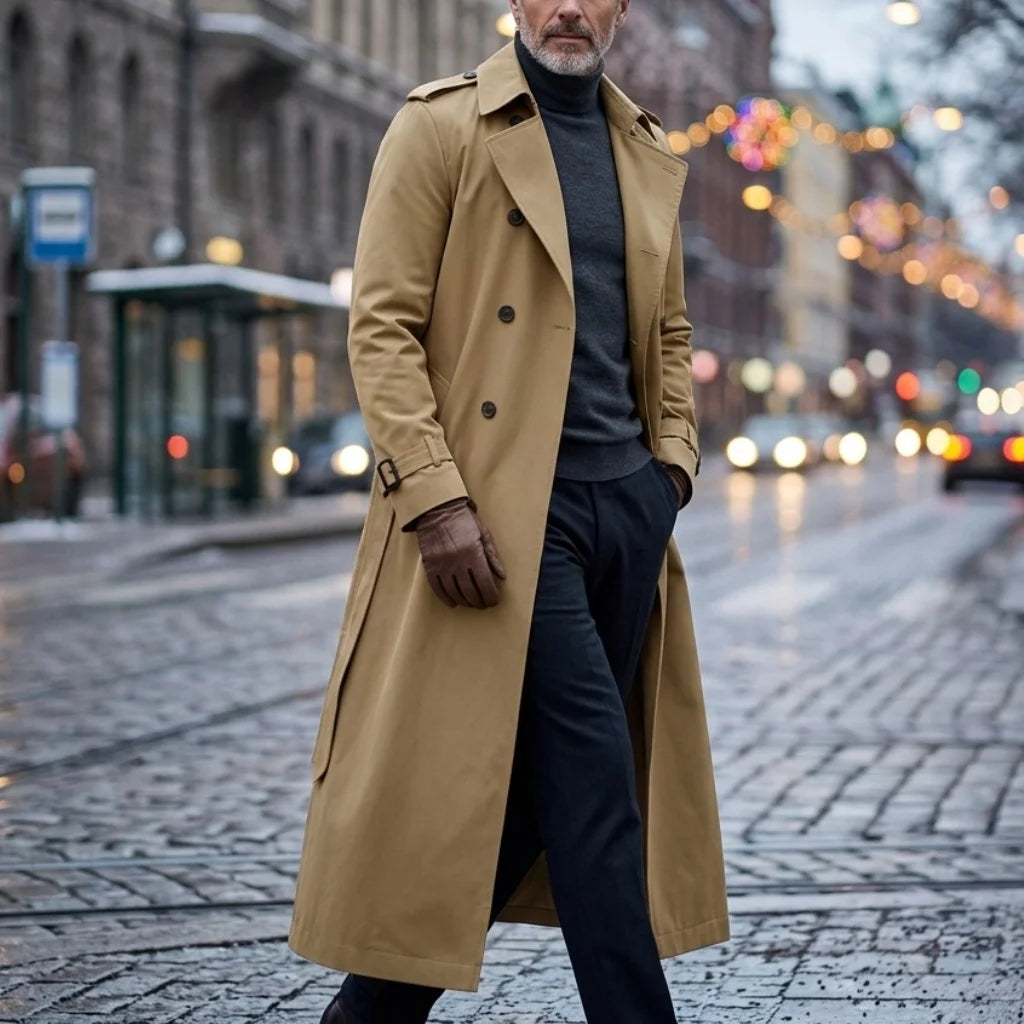 Men's Double-Breasted Long Trench Windbreaker Coat
