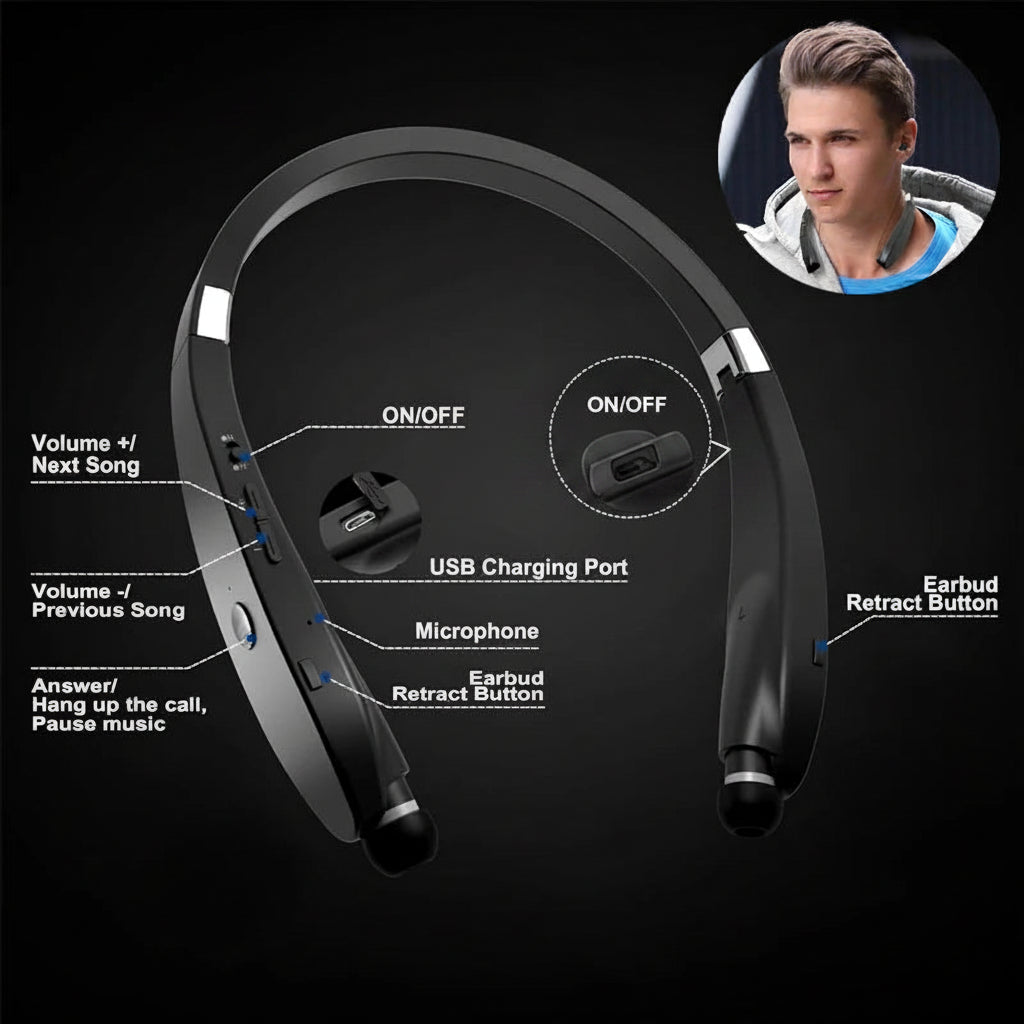 Foldable Bluetooth Neckband Headset and Retractable Wireless Headphones