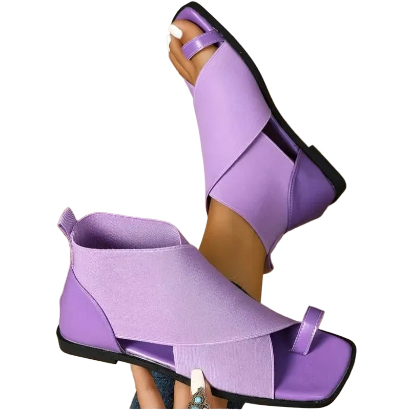 Women's Square Toe Gladiator Sandals Elastic Strap Flat Summer Shoes