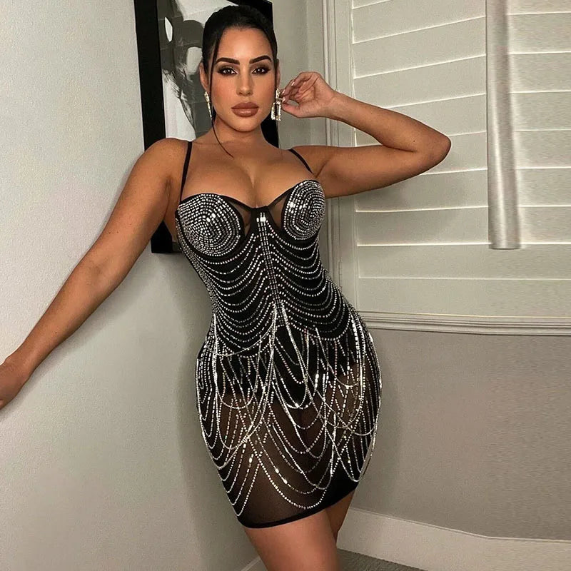 Women's Sexy Rhinestone Tassel Mesh Mini Dress
