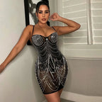 Women's Sexy Rhinestone Tassel Mesh Mini Dress