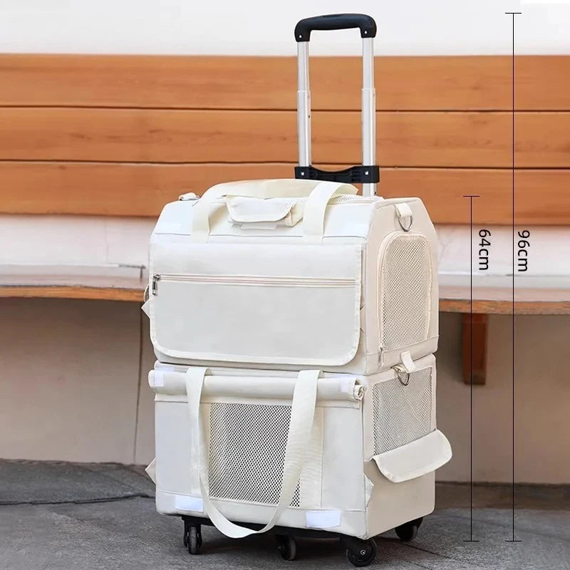 Foldable Double-Layer Pet Carrier with Wheels Breathable Travel Trolley for Two Cats