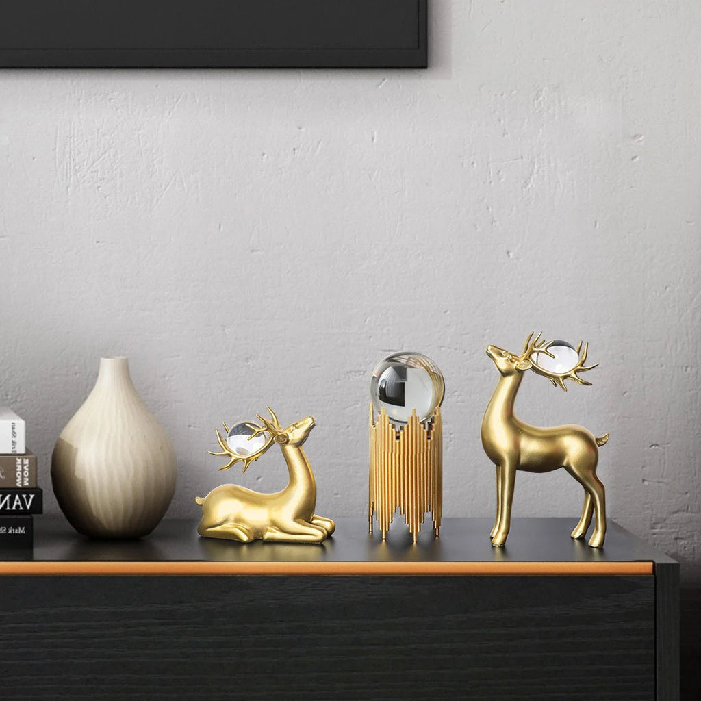 Golden Metal Crystal Ball Deer Figurine and Tabletop Ornament