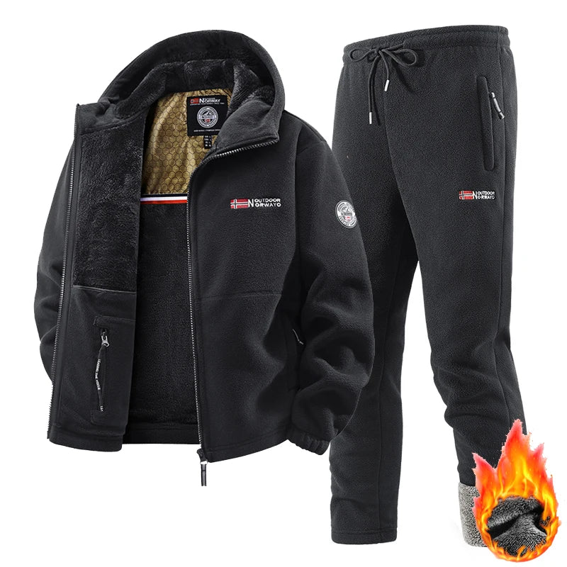 Men's Casual Retro Fleece Jacket and Pants Two Piece Tracksuit Set