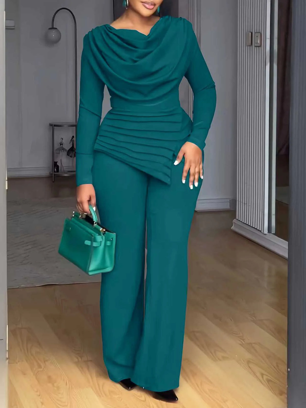 Women's Pile Collar Top Wide Leg Pants Set