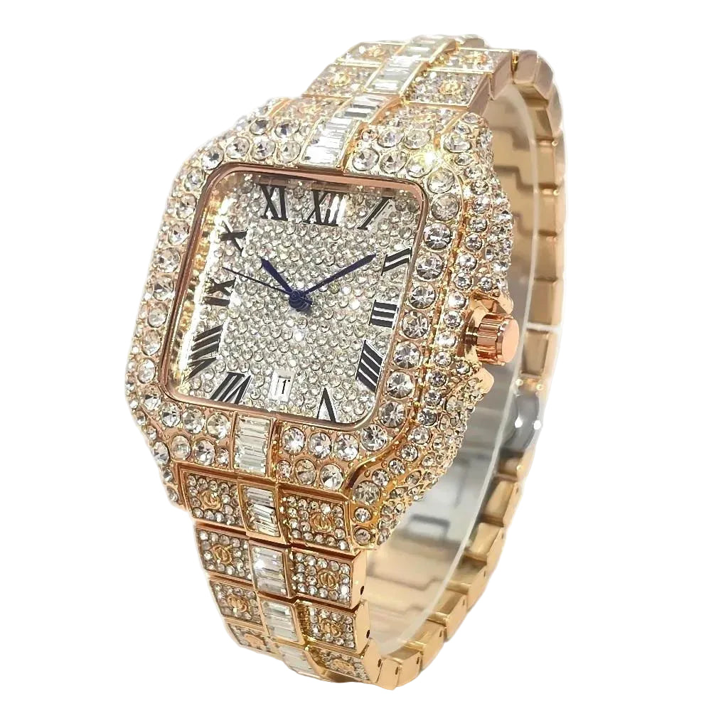 DITALING Men's Hip Hop Square Quartz Watch Stainless Steel 1.7in