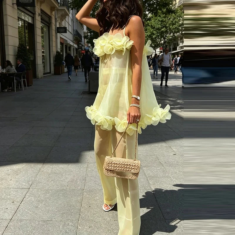 Women's Floral Print Sleeveless Top Wide Leg Pants Set