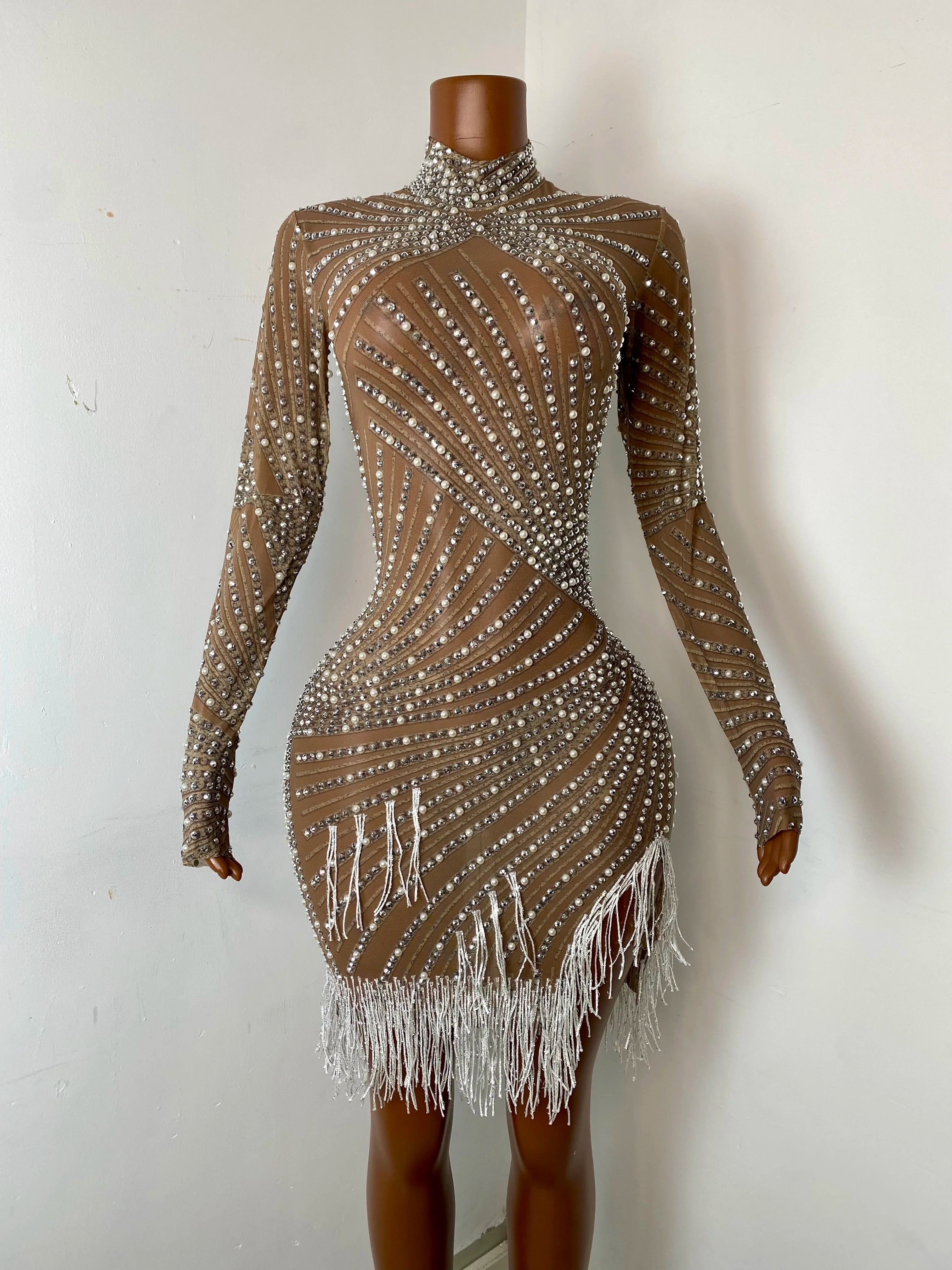 Women's Sexy Sequins Diamonds Tassel Bodycon Mini Dress