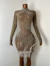 Women's Sexy Sequins Diamonds Tassel Bodycon Mini Dress