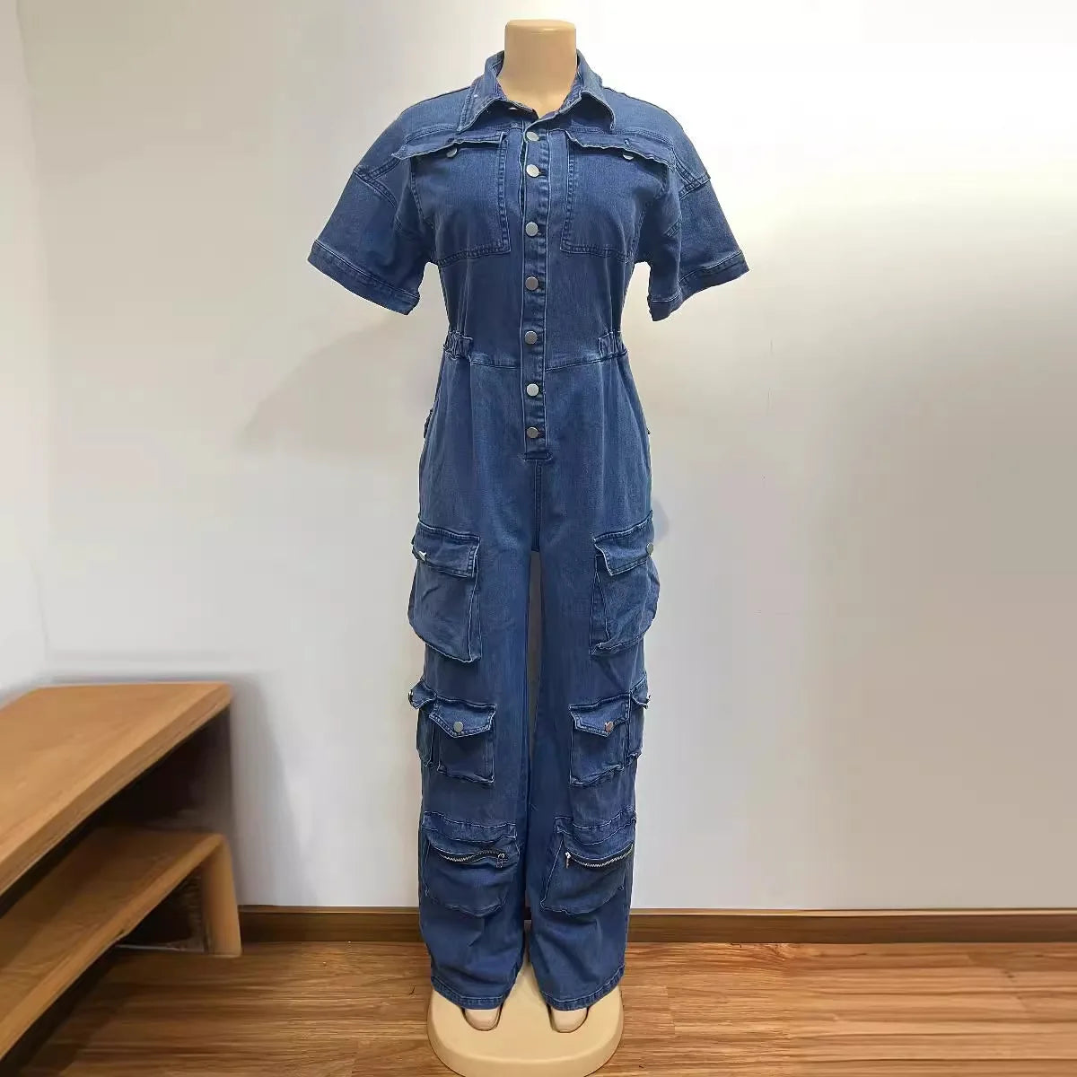 Women's Short Sleeve Denim Cargo Jumpsuit