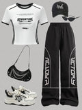 Girls' Letter Print Colorblock Top Wide Leg Pants Two-Piece Set